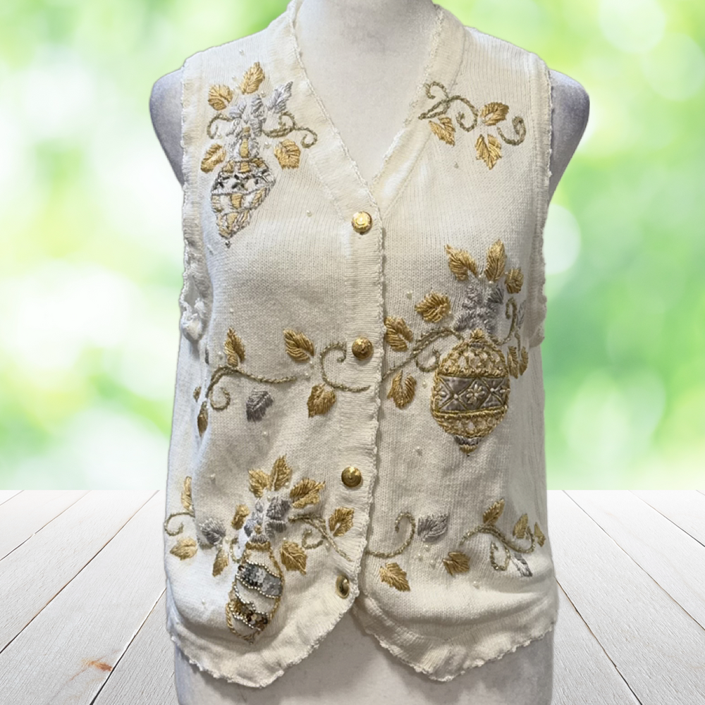 Vintage COVE CREEK Christmas Sweater Vest Embroidered Beaded Ornament Gold Sz S